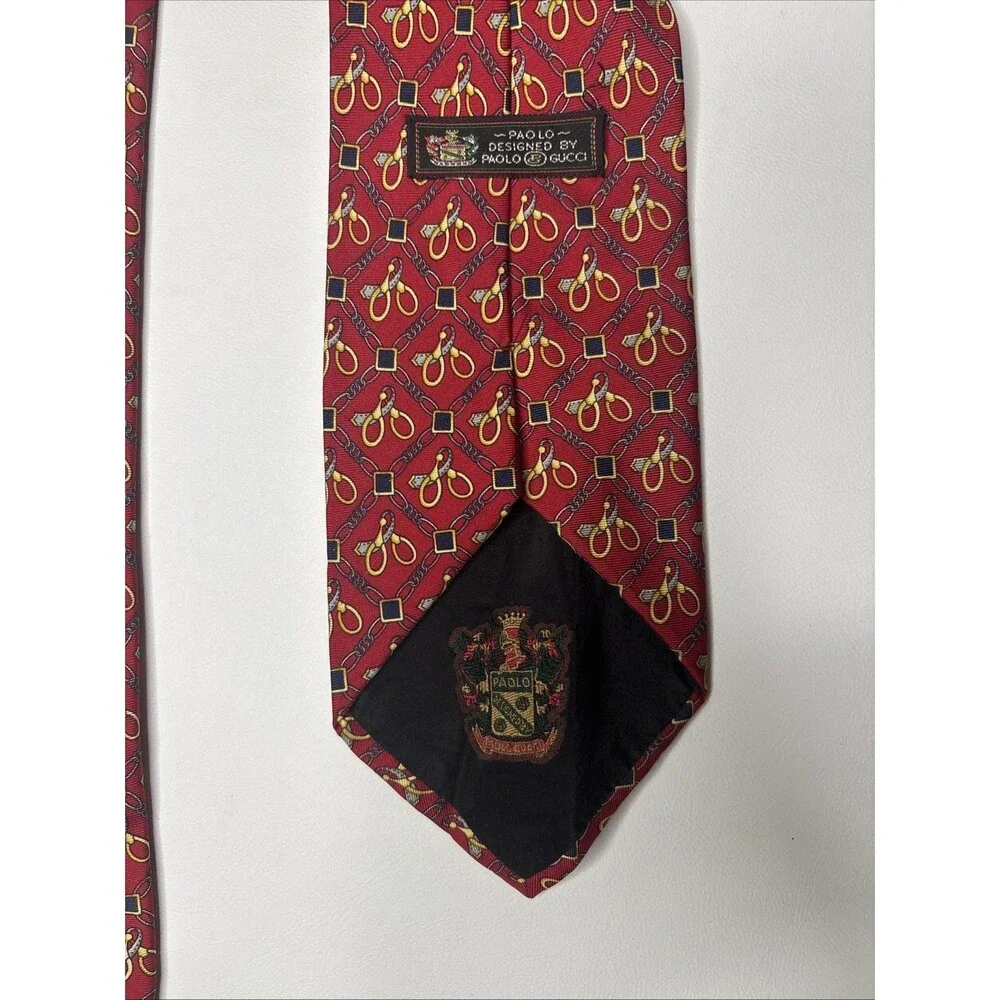 PAOLO DESIGNED BY PAOLO GUCCI Silk Tie Red Gold Equestrian Necktie - Made Italy